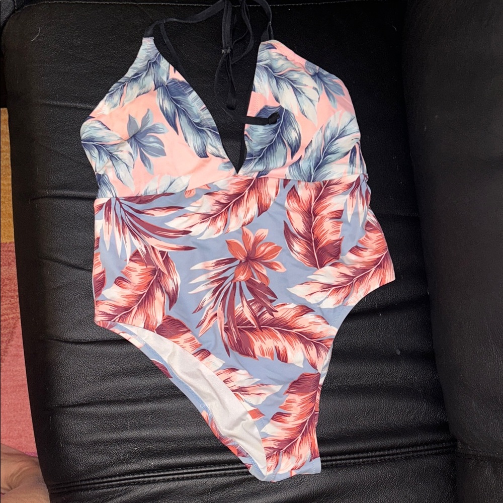 VS Pink Tropical Leaf Halter One-Piece Swimsuit - Pink & Blue
